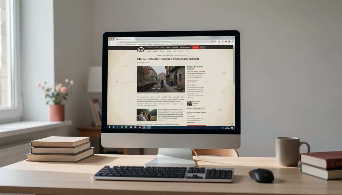A computer monitor showing a dated archived web page in an otherwise plain study