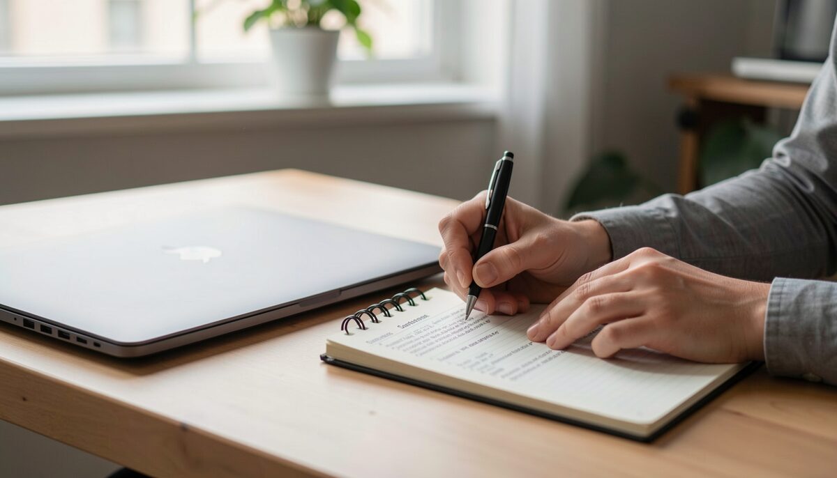 An editor drafting a scope statement beside a closed laptop. Illustrative image, generated with AI.